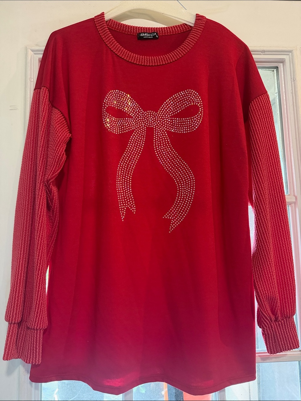 HEIMISH USA Red Rhinestone Bow Long Sleeve Sweatshirt